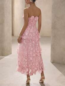 BELROSIE Solid Color Luxurious High-End Party Floral Strapless Dress, Suitable For Spring And Summer - Pink - View 3