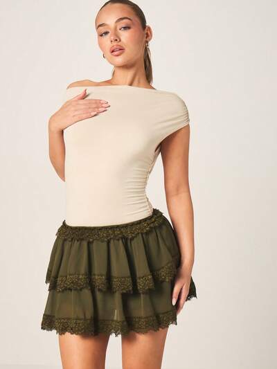 MISSGUIDED 올리브색 레이스 장식 레이어드 시폰 미니 스커트