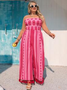 Vivid Eden Plus Size Boho Pink Folk Custom Pattern Strapless Long Jumpsuit With Shirred Details Woven Fabric Sleeveless Summer Outfit - Pink - View 3