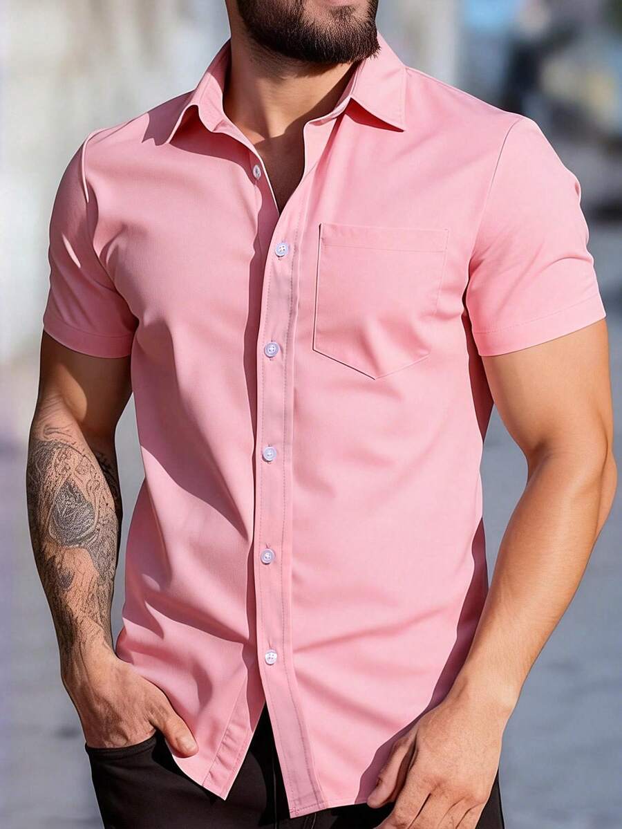 Manfinity Homme Solid Color Front Button Summer Casual Short Sleeve Shirt (Printed Irregular) - Coral Pink - View 1
