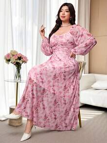 Modelyn Große Größen Elegantes Kleid für Damen mit Blume Muster, Herzausschnitt, Rüschen und Ballonärmeln - Verschiedenfarbig - Übersicht 6