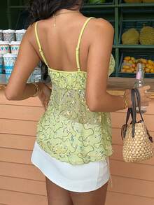 Sunnyshic 波西米亚复古浪漫性感甜美辣妹Y2K千禧年纯真复古奢华度假休闲约会购物派对音乐节串珠刺绣透视V领蕾丝拼接绿色吊带背心，适合女性，春夏秋季 - 綠色 - 查看 2