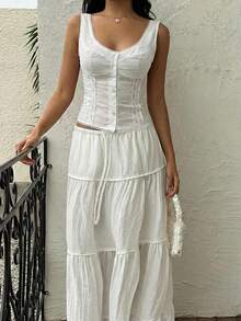 Sunnyshic Women's Single-Breasted Fitted Lace Trim Patchwork Camisole - White - View 4