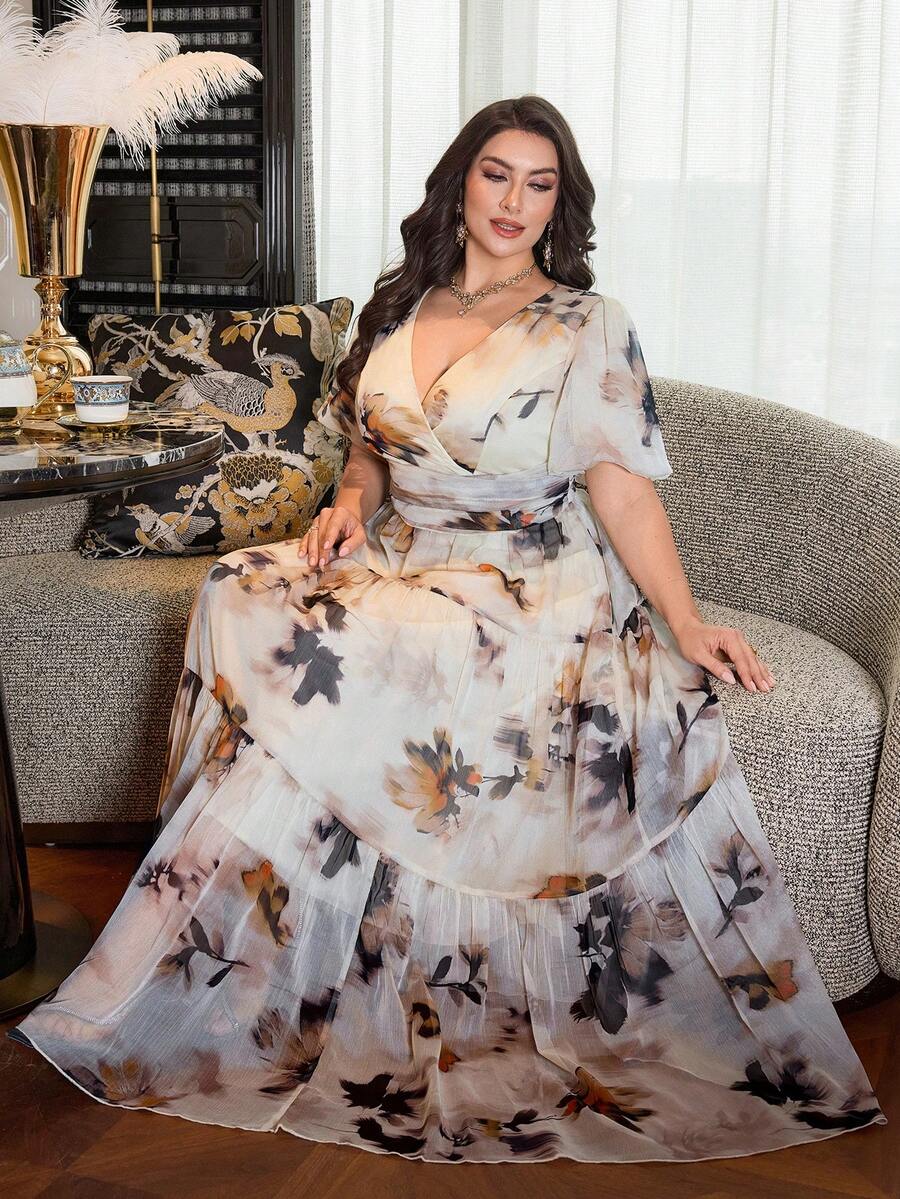 Modelyn Plus Size Women V-Neck Floral Print Ruched Waist Elegant Party Dress - Apricot - View 1