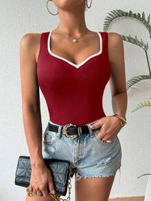 Chiquease 撞色心形领无袖修身背心 - 紅色 - 查看 4