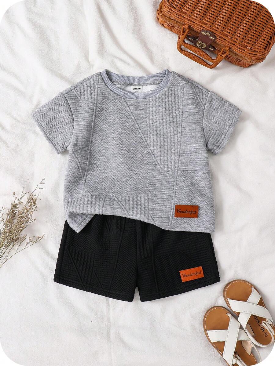SHEIN 2pcs/Set Baby Boy/Girl Cute Casual Minimalist Letter Print Short Sleeve T-Shirt And Shorts Set,Kids - Multicolor - View 1