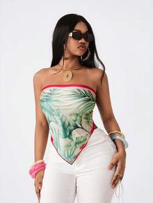 Coolane Women's Spring/Summer Chic Vacation Outfits Daily Wear Satin Floral Stretchy Glitter Tube Top - Green - View 4