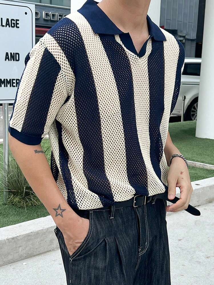 Men's Short Sleeve Striped Knit Top, Summer