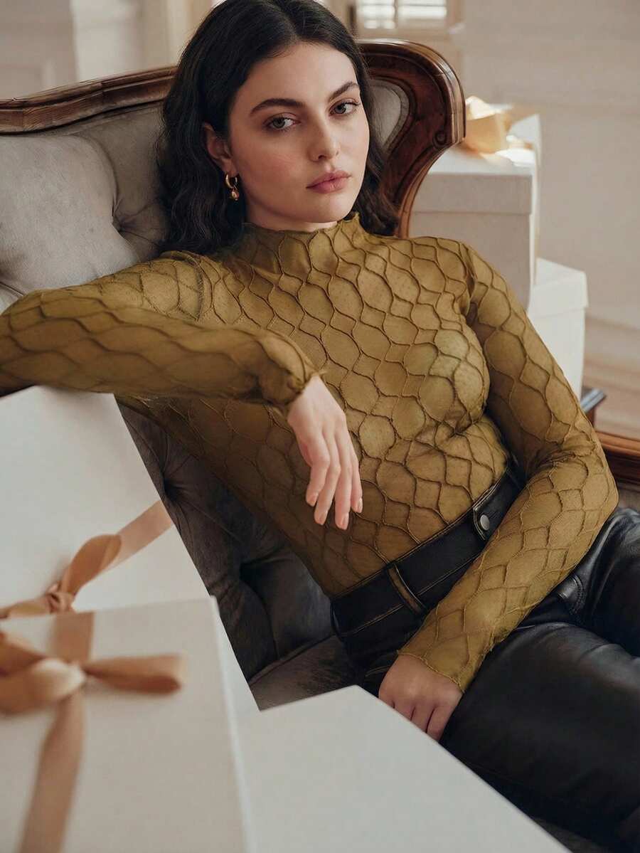 Áo kiểu dáng thời trang cỡ lớn Anewsta, cổ tròn, tay dài, chất liệu ren lưới, dễ phối đồ, thanh lịch, ôm dáng dành cho nữ, thích hợp cho mùa xuân/hè. - Màu Mù tạt vàng - Xem 1