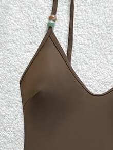 Soleia 女士休闲装 女士沙滩装 夏季装 女士度假装 棕色系服装 女士夏季沙滩度假简约纯色串珠吊带连体泳衣和撞色条纹短裤套装 - 彩色 - 查看 5