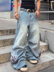 ROMWE MEN Street Life Jeans de corte holgado con bordado floral para hombre - Celeste - Ver 3