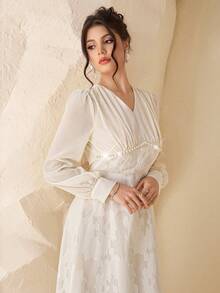 Modelyn Elegant Romantic Cutout Floral Chiffon V-Neck Dress - Beige - View 6
