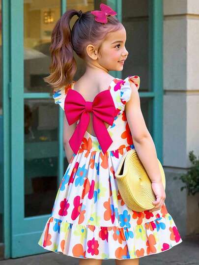 Elladie kids Girls Elegant Floral Print Round Neck Flare Sleeve Hollow Back Bow Decor Waist Ruffle Hem Casual Fashionable Dress, Suitable For Vacation & Travel, Summer Princess Dress Flower Girl Dress Girl Bow Dress Multicolor Dress Girls Large Bows For Girls Large Bows For Girls Multicolor Elegant Floral Dress Nueva Moda Ss26 Summer Tops Bowknot Dress Kids Clothes With Bows Spring Dress Girl Floral Print Dress Spring Dresses For Girls Summer Tops New Ss26 Fashion