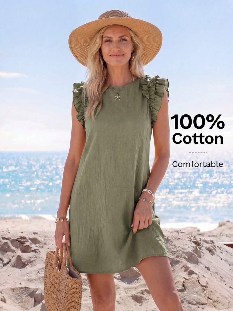 EMERY ROSE Vestidos de mujer con embellecimiento de volantes de unicolor tejidos para vacaciones - Verde militar - Ver 1