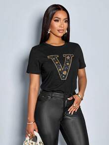 SOLERSUN Women's Simple, Casual, And Comfortable Round Neck Short-Sleeved Top, Featuring A Faux Sequined Color-Blocked Print, Suitable For Everyday Wear. - Black - View 4