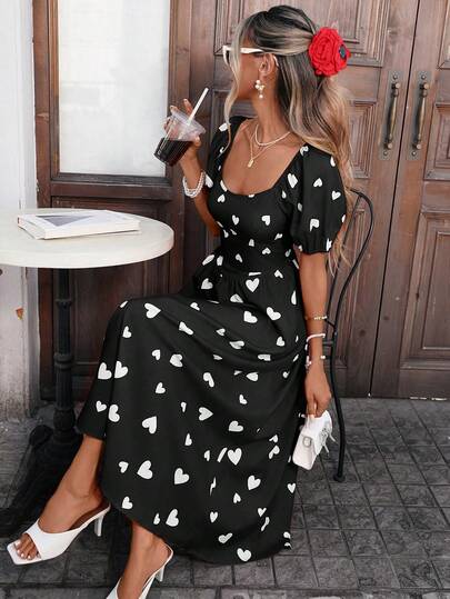 Pariaura Plus Size Women's Elegant Minimalist Shirred Short Sleeve Waist Cinched Long Valentines Day Heart Print Dress