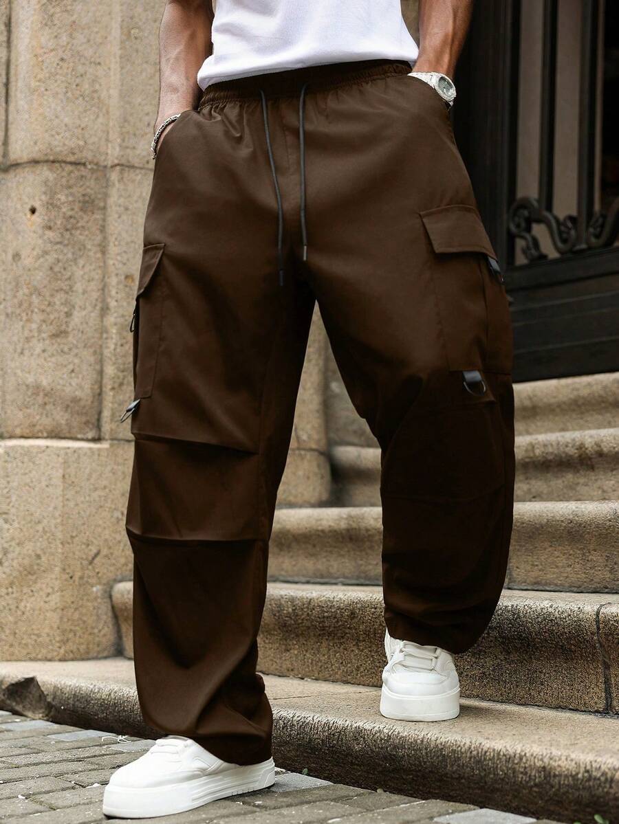 Manfinity Homme 加大码男士纯色抽绳腰休闲宽松工装裤 男士棕色超大码运动裤 男士宽松工装裤 棕色工装裤 男士街头风裤 - 棕色 - 查看 1