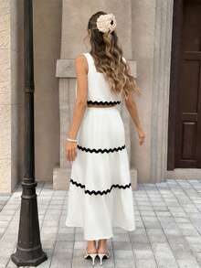 Pariaura Elegant Black And White Contrast Wave Ribbon Two Pieces Set,Square Neck Cami & Tiered Maxi Skirt,Summer Holiday Tea Party Chic Slim-Fit Vintage Set - White - View 2