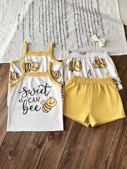 SHEIN Playful Pals 2件套女婴可爱卡通蜜蜂字母印花圆领吊带背心和短裤套装
