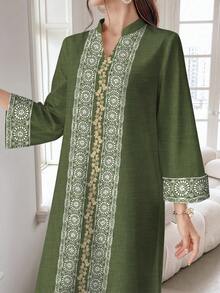 SHEIN Najma 复古圆形几何叶子印花长款连衣裙，女士时尚V领开衩下摆长袖连衣裙，优雅阿拉伯长袍，适合春夏穿着 - 彩色 - 查看 4