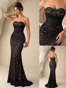 Coutiva Elegant Evening Gown,Luxury Slim Fit Strapless Lace Corset Dress, Floral Sequin Tube Top Bustier Formal Dress For Wedding,Ball,Graduation Ceremony - Black - View 2