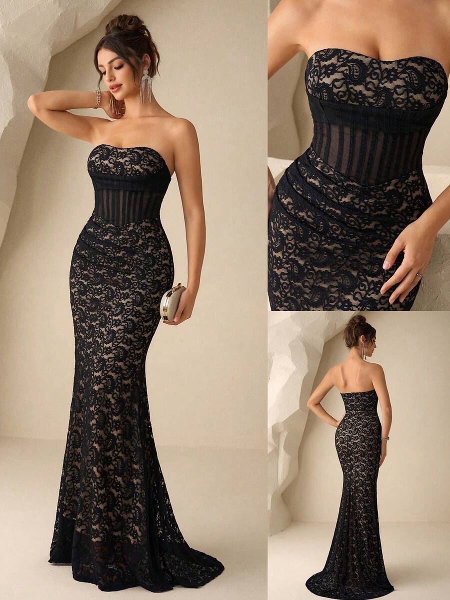 Coutiva Elegant Evening Gown,Luxury Slim Fit Strapless Lace Corset Dress, Floral Sequin Tube Top Bustier Formal Dress For Wedding,Ball,Graduation Ceremony