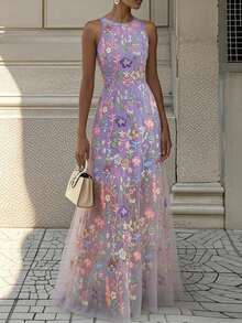 SHEIN Raffinéa 女士优雅紫色浪漫刺绣网纱圆领无袖连衣裙，适合派对和各种场合，春夏款 - 紫色 - 查看 4