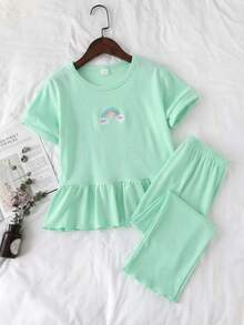 2pcs/Set Young Girl Elegant Floral Patchwork Short Sleeve Top And Pants Outfit - Baby Blue - View 1