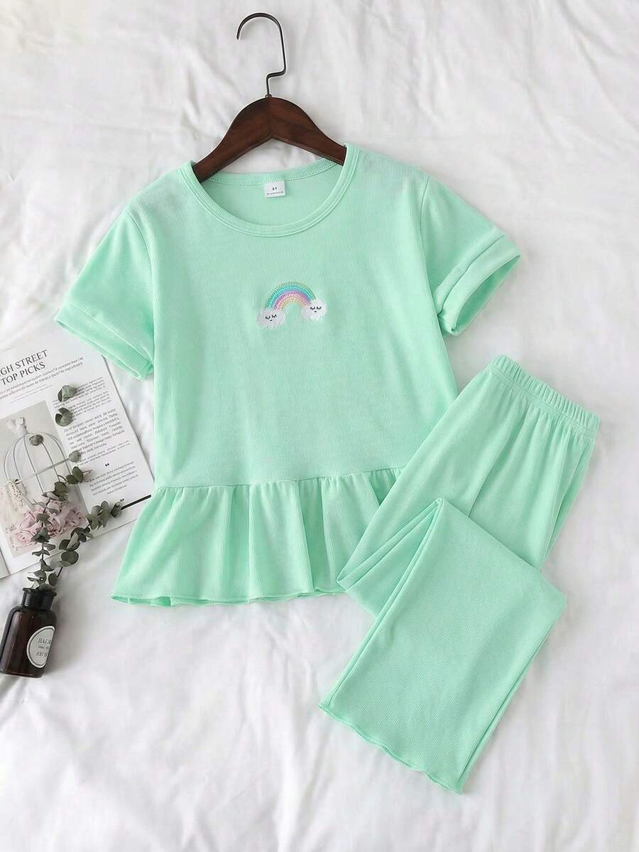 2pcs/Set Young Girl Elegant Floral Patchwork Short Sleeve Top And Pants Outfit - Baby Blue - View 1