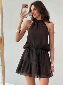 Aloruh 咖啡色露背吊带荷叶边迷你连衣裙（女款） - 咖啡棕 - 查看 3