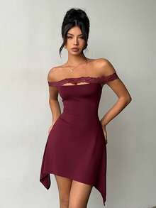 Aloruh Women's Elegant Off Shoulder Lace Patchwork Burgundy Mini Dress,Summer 70's Club Night Party Disco Asymmetrical Hem Night Out Honeymoon Outfit - Burgundy - View 10