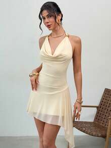Firerie 女士优雅浪漫约会婚礼宾客派对户外连衣裙，淡黄色杏色露背金属扣装饰深V领收腰A字修身短裙，适合返校、情人节、约会、度假、节日、生日等场合。 - 杏色 - 查看 3