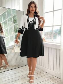 Reflora Plus Size Women Floral Print 3/4 Sleeve 2 In 1 Elegant Dress - Black - View 3