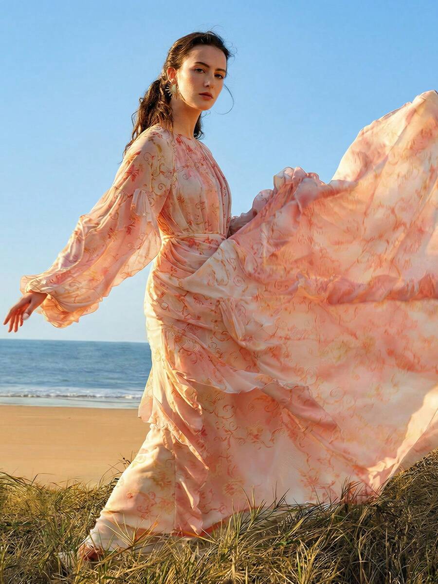SHEIN X Scot Louie ZEYLAH Đầm chữ A bồng bềnh, thanh lịch, lãng mạn với họa tiết hoa và viền bèo nhún, thích hợp cho mùa xuân/hè. - Màu Hồng baby - Xem 1
