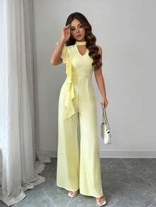 SHEIN Elenzya Women's Ruffled Asymmetric Neck Hollow Out Waist Wide Leg Jumpsuit, Elegant For Daily, Vacation, French Casual, Commute, Business, Romantic Date, Sleeveless, Light Yellow, Early Spring/Spring & Summer - Light Yellow - View 7