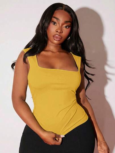 SHEIN SXY Plus Size Simple Solid Color Square Neck Tight Camisole, Summer