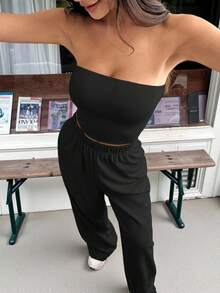 SHEIN EZwear Women's Spring/Summer New Knit Casual Sports Tube Top And Pants Set Black Two Piece Strapless Comfortable - Black - View 3