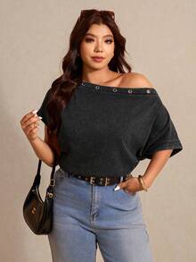 Elaquor 大码女式休闲斜肩日常穿着中袖T恤 - 黑色 - 查看 4