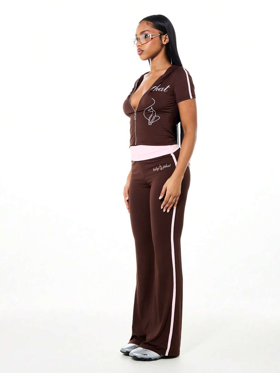 BABYPHAT Hooded Zip Front Crop Top With Text Graphics And Short Sleeves For Casual Everyday Wear
