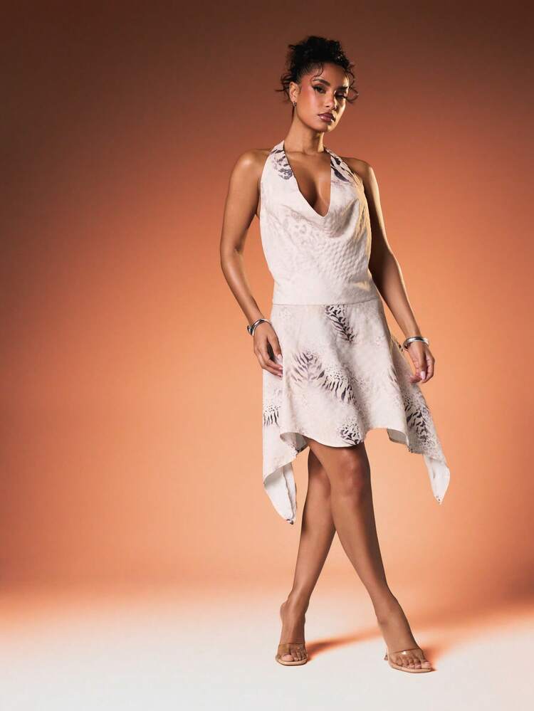 MISSGUIDED Halter Neck Printed Midi Dress With Cowl Neckline Asymmetrical Waterfall Hem Feather Pattern Spring Summer Party Occasion