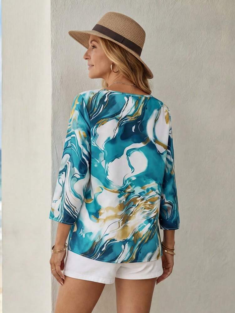 Women's Spring & Autumn Casual Tie-Dye Print Shirt,Three Quarter Sleeve Tops