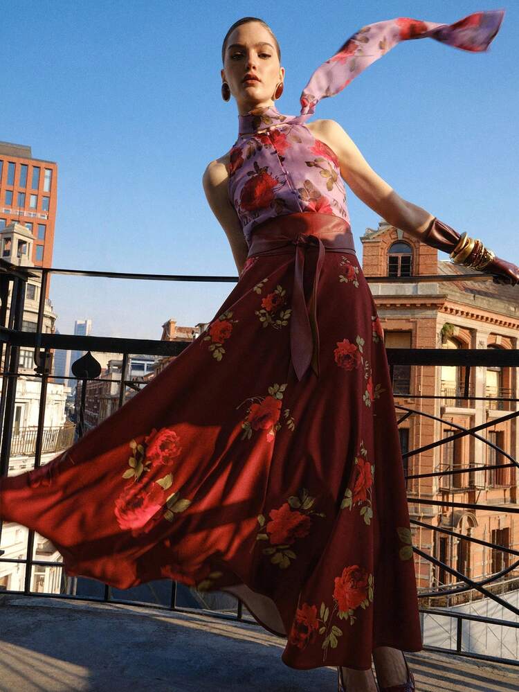 WOMEN'S ROSE PRINT ELEGANT MID-LENGTH A-LINE SKIRT, SUITABLE FOR DATES, SPRING/SUMMER