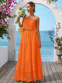 Vivid Eden 女士度假休闲纯色镂空抹胸上衣和半裙两件套 - 橘色 - 查看 4