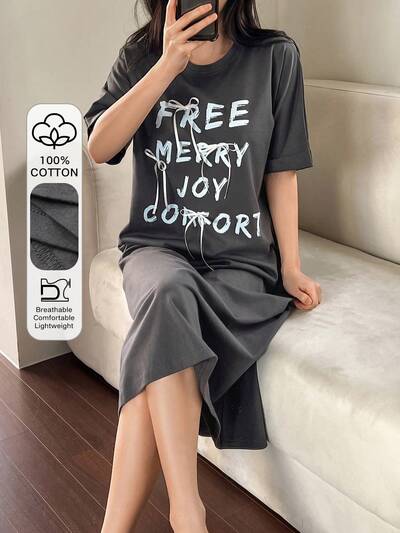 Camisón de manga corta con gráfico en inglés de corte holgado, vestido de pijama para mujer