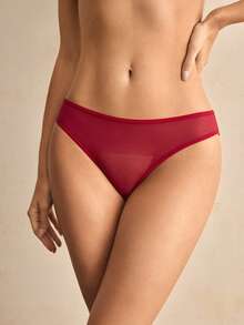 Charlaine Red Sheer Lace Patchwork Sexy Open Back Lace Panties, Elegant & Refined, Romantic French Style Women's Thong - Burgundy - View 4