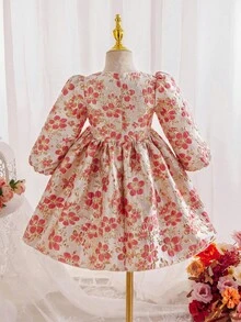 SHEIN Glamorique Kids 女童公主裙，长袖，粉色花朵提花面料，蝴蝶结，质感面料，高贵优雅，中东、欧美风格，华丽裙摆，婚礼、节日、派对、舞会礼服、优雅派对礼服 - 粉色 - 查看 2
