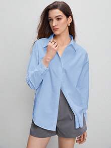 BizChic 蓝色翻领纽扣衬衫，百搭款式，适合办公、休闲、浪漫、90年代复古风、正式场合、毕业典礼、派对、婚礼、日常穿着。 - 藍色 - 查看 7