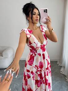 Elenzga Đầm nghỉ mát thanh lịch thắt nơ in hoa, thích hợp cho mùa xuân/hè. - Nhiều màu - Xem 6