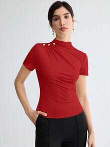 BizChic Áo thun ôm dáng màu đỏ, vai nhún, đính cúc kim loại, đa năng cho mùa xuân/hè, phù hợp cho Lễ Phục Sinh, Ngày Thánh Patrick, đi làm, mặc hàng ngày, phong cách thường ngày, lãng mạn, retro thập niên 90, dự tiệc, đi biển, lễ tốt nghiệp, kỳ nghỉ, dự đám cưới, ăn sáng muộn, ở sân bay. - Đỏ - Xem 4