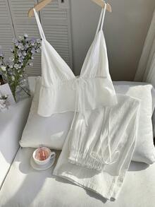 Comfortcana Bộ 2 áo hai dây buộc phía trước màu trơn cỡ lớn dành cho nữ và quần - trắng - Xem 6